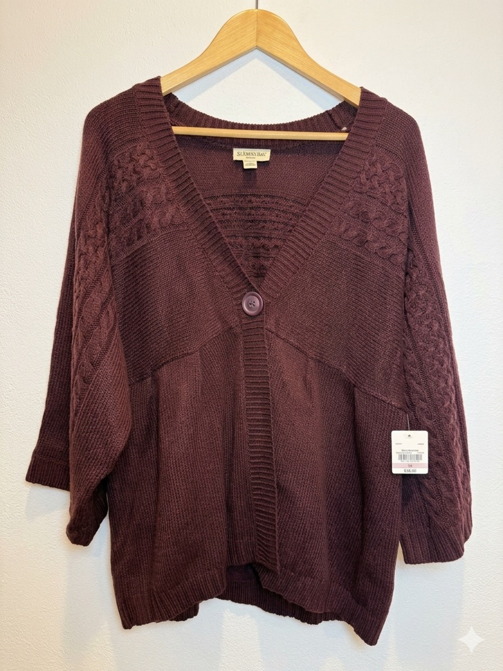 St. John's Bay Womens Deep Plum Cable-Accent Button Cardigan New With Tags 1XL